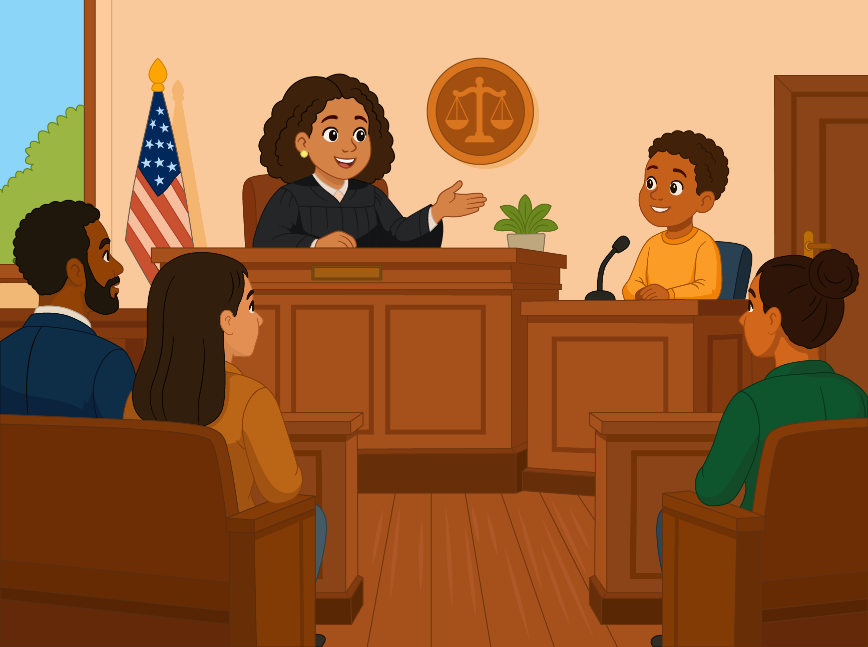 A child testifies before a court and family members