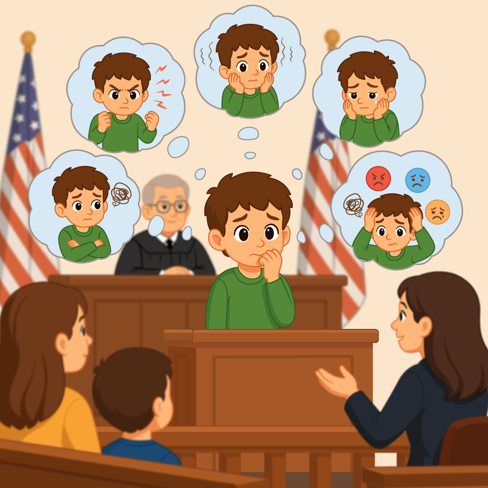 A nervous child displaying several emotions before a courtroom
